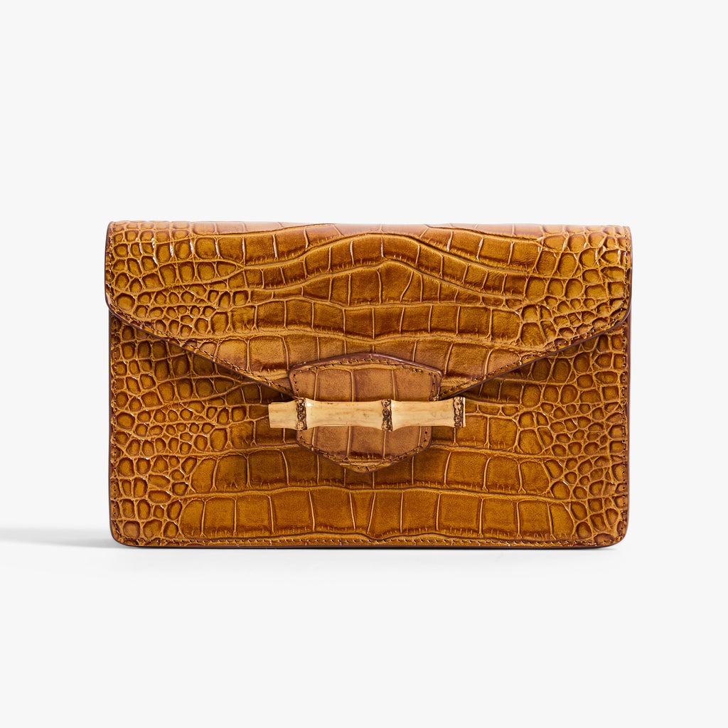 The Jackie Cognac – Croc-Embossed Leather Clutch | Pamela Munson